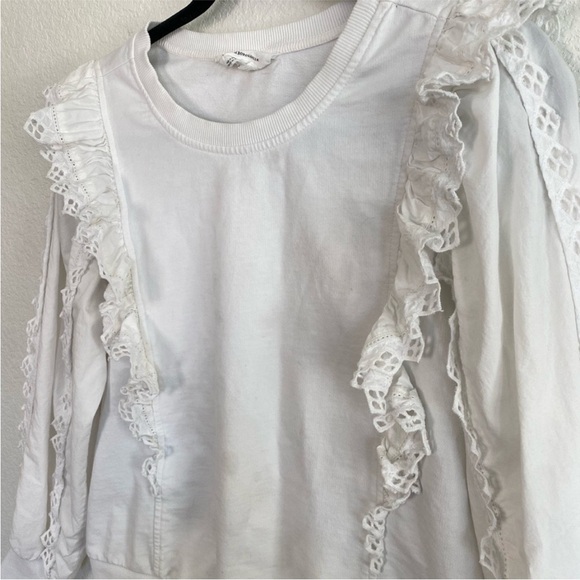 Anthropologie Ruffled Boho Eyelet White 100% Cotton Sweatshirt XS Fall - Picture 5 of 8